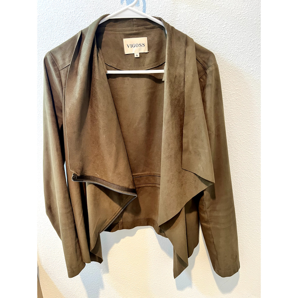 Vigoss Jacket Womens Small Green Suede Moto Zip Drape Neck Raw Edge Coat